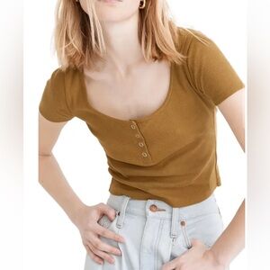 Madewell Ribbed Henley High-crop Tee in spiced olive size small